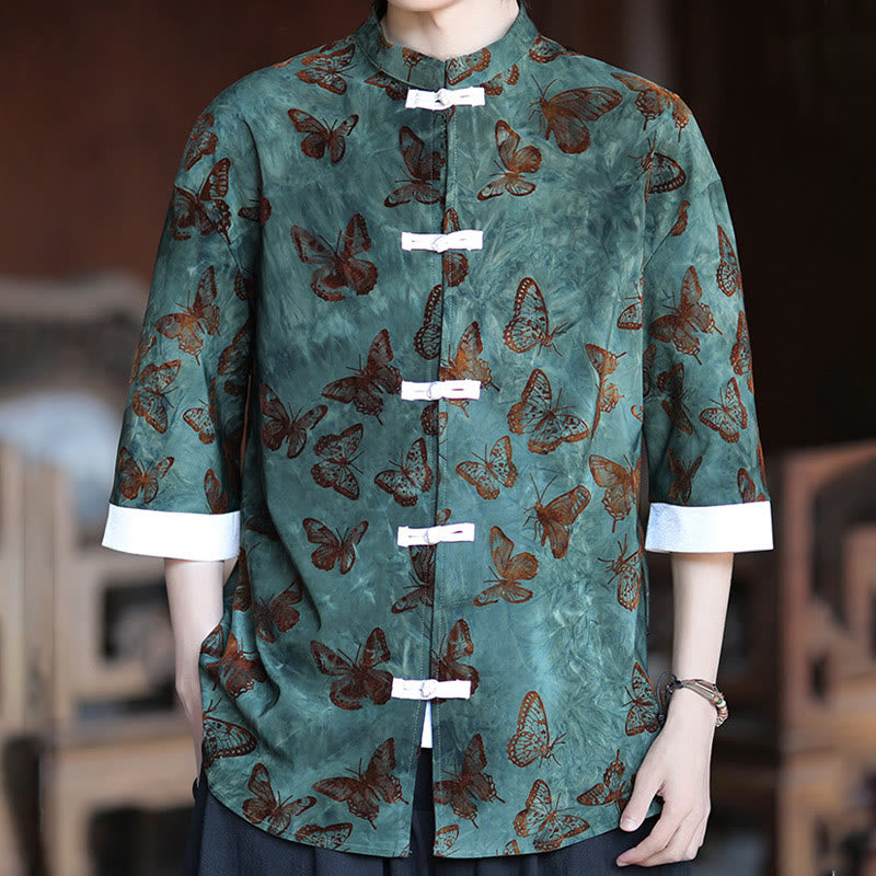 Camisa de algodón blanca de manga tres cuartos para hombre con estampado de mariposas jacquard y botones de Buddha Stones. - image 5