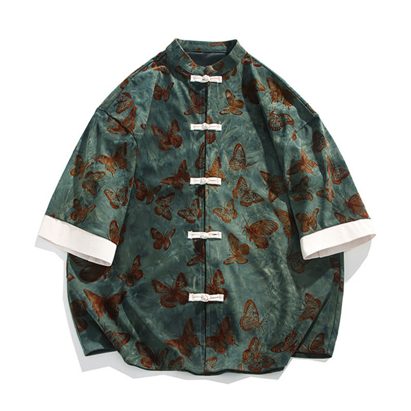 Camisa de algodón blanca de manga tres cuartos para hombre con estampado de mariposas jacquard y botones de Buddha Stones. - image 7