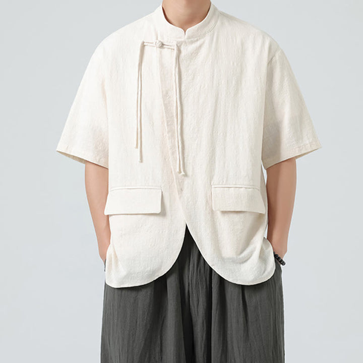 Camisa de algodón de media manga para hombre, estilo cárdigan vintage con diseño de dobladillo irregular, cuello alto y bolsillos, con estampado de Buddha Stones. - image 3