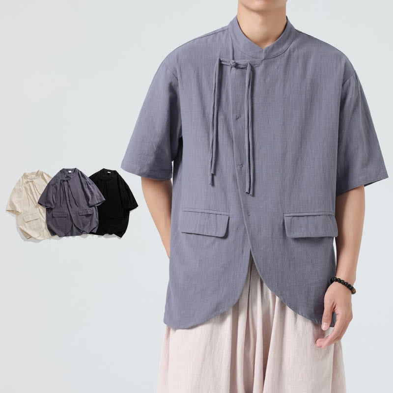 Camisa de algodón de media manga para hombre, estilo cárdigan vintage con diseño de dobladillo irregular, cuello alto y bolsillos, con estampado de Buddha Stones. - image 19