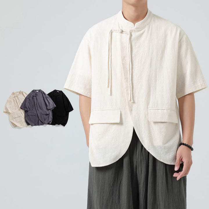 Camisa de algodón de media manga para hombre, estilo cárdigan vintage con diseño de dobladillo irregular, cuello alto y bolsillos, con estampado de Buddha Stones. - image 7