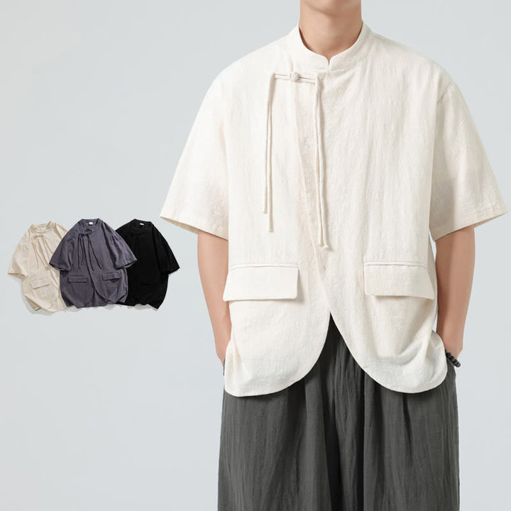 Camisa de algodón de media manga para hombre, estilo cárdigan vintage con diseño de dobladillo irregular, cuello alto y bolsillos, con estampado de Buddha Stones. - image 6