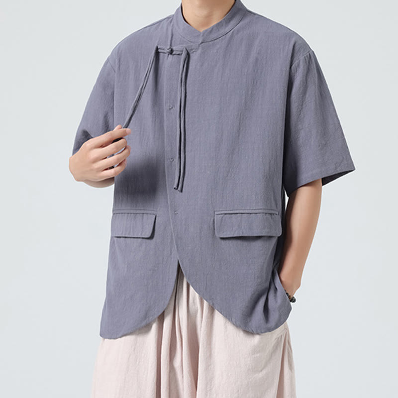 Camisa de algodón de media manga para hombre, estilo cárdigan vintage con diseño de dobladillo irregular, cuello alto y bolsillos, con estampado de Buddha Stones. - image 20