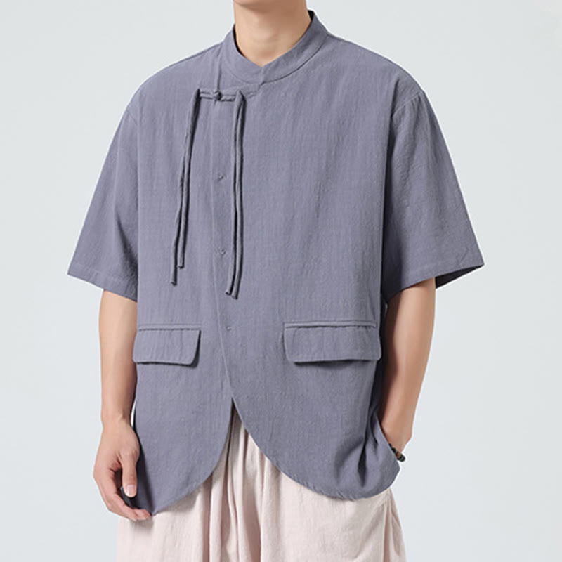 Camisa de algodón de media manga para hombre, estilo cárdigan vintage con diseño de dobladillo irregular, cuello alto y bolsillos, con estampado de Buddha Stones. - image 22