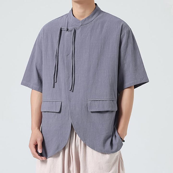 Camisa de algodón de media manga para hombre, estilo cárdigan vintage con diseño de dobladillo irregular, cuello alto y bolsillos, con estampado de Buddha Stones. - image 22