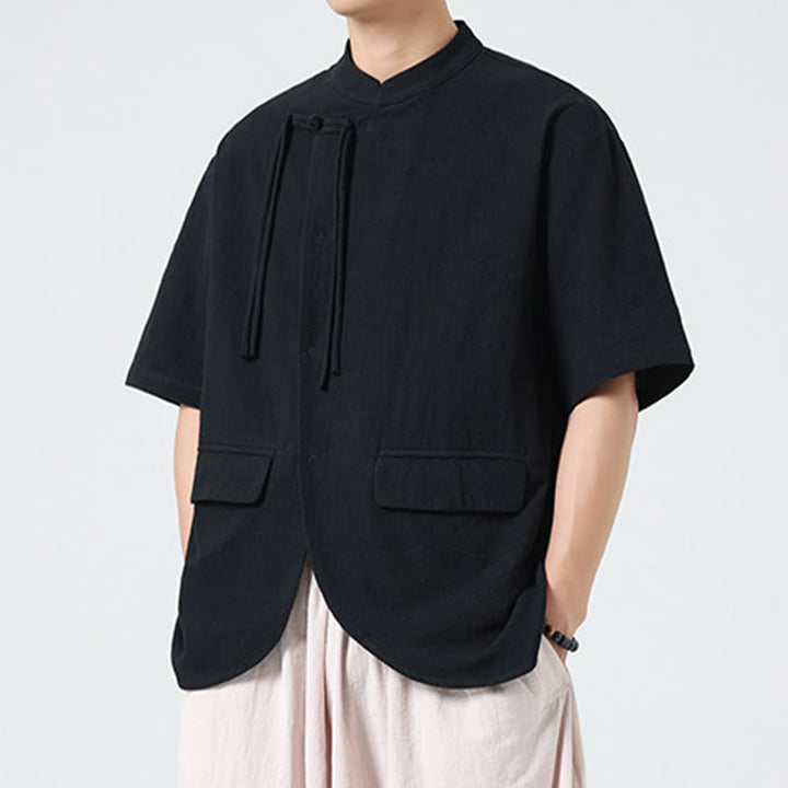 Camisa de algodón de media manga para hombre, estilo cárdigan vintage con diseño de dobladillo irregular, cuello alto y bolsillos, con estampado de Buddha Stones. - image 11