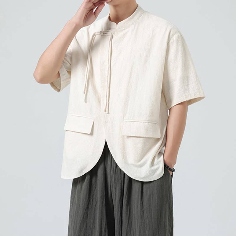 Camisa de algodón de media manga para hombre, estilo cárdigan vintage con diseño de dobladillo irregular, cuello alto y bolsillos, con estampado de Buddha Stones. - image 1