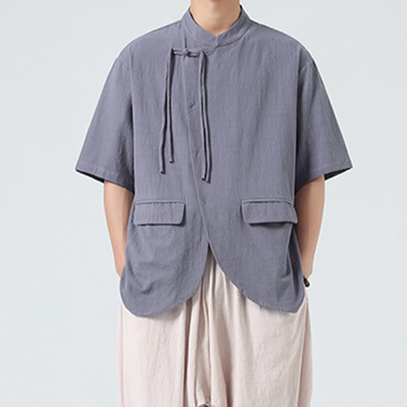 Camisa de algodón de media manga para hombre, estilo cárdigan vintage con diseño de dobladillo irregular, cuello alto y bolsillos, con estampado de Buddha Stones. - image 27