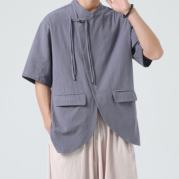 Camisa de algodón de media manga para hombre, estilo cárdigan vintage con diseño de dobladillo irregular, cuello alto y bolsillos, con estampado de Buddha Stones. - image 26