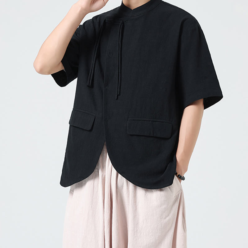 Camisa de algodón de media manga para hombre, estilo cárdigan vintage con diseño de dobladillo irregular, cuello alto y bolsillos, con estampado de Buddha Stones. - image 15