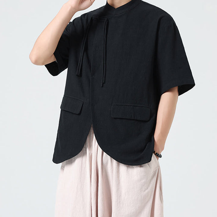 Camisa de algodón de media manga para hombre, estilo cárdigan vintage con diseño de dobladillo irregular, cuello alto y bolsillos, con estampado de Buddha Stones. - image 15