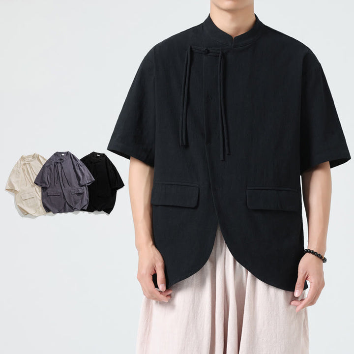 Camisa de algodón de media manga para hombre, estilo cárdigan vintage con diseño de dobladillo irregular, cuello alto y bolsillos, con estampado de Buddha Stones. - image 10