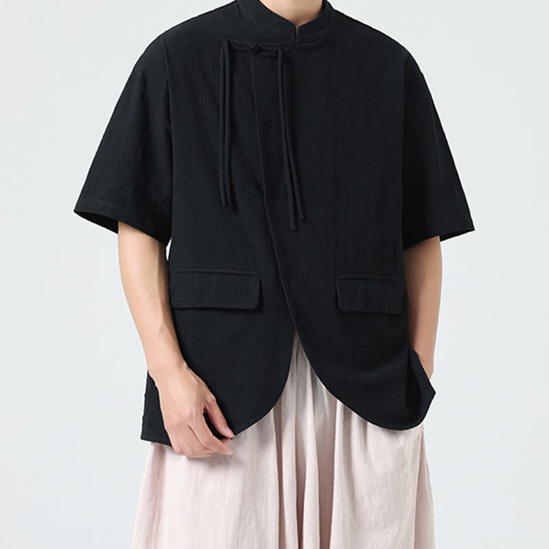 Camisa de algodón de media manga para hombre, estilo cárdigan vintage con diseño de dobladillo irregular, cuello alto y bolsillos, con estampado de Buddha Stones. - image 14