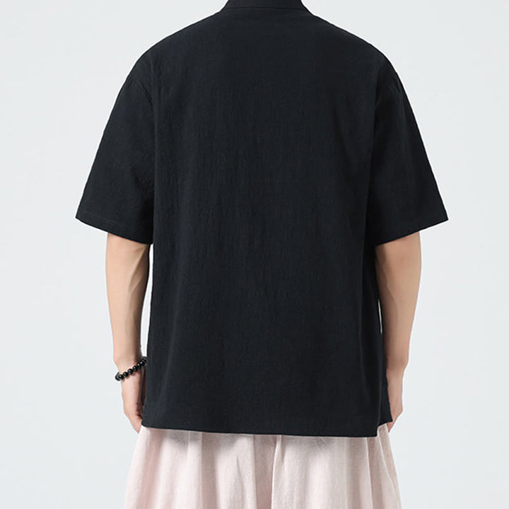 Camisa de algodón de media manga para hombre, estilo cárdigan vintage con diseño de dobladillo irregular, cuello alto y bolsillos, con estampado de Buddha Stones. - image 12