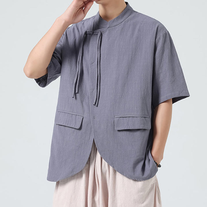 Camisa de algodón de media manga para hombre, estilo cárdigan vintage con diseño de dobladillo irregular, cuello alto y bolsillos, con estampado de Buddha Stones. - image 25