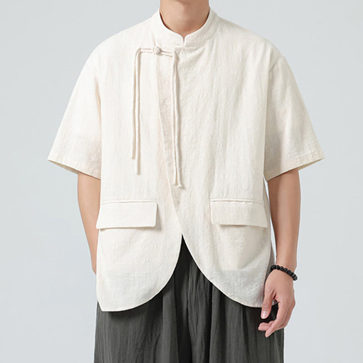 Camisa de algodón de media manga para hombre, estilo cárdigan vintage con diseño de dobladillo irregular, cuello alto y bolsillos, con estampado de Buddha Stones. - Beige - US/UK/AU46, EU56 (5XL) - image 0