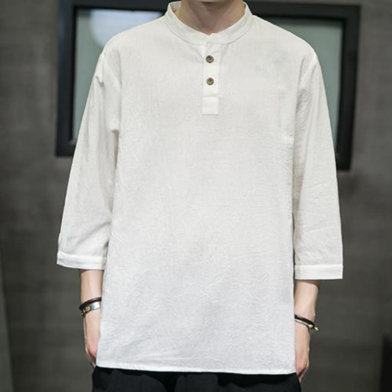Camisa de lino y algodón con cuello alto, manga tres cuartos, estilo vintage casual, de color puro, para hombre, con Buddha Stones - image 1