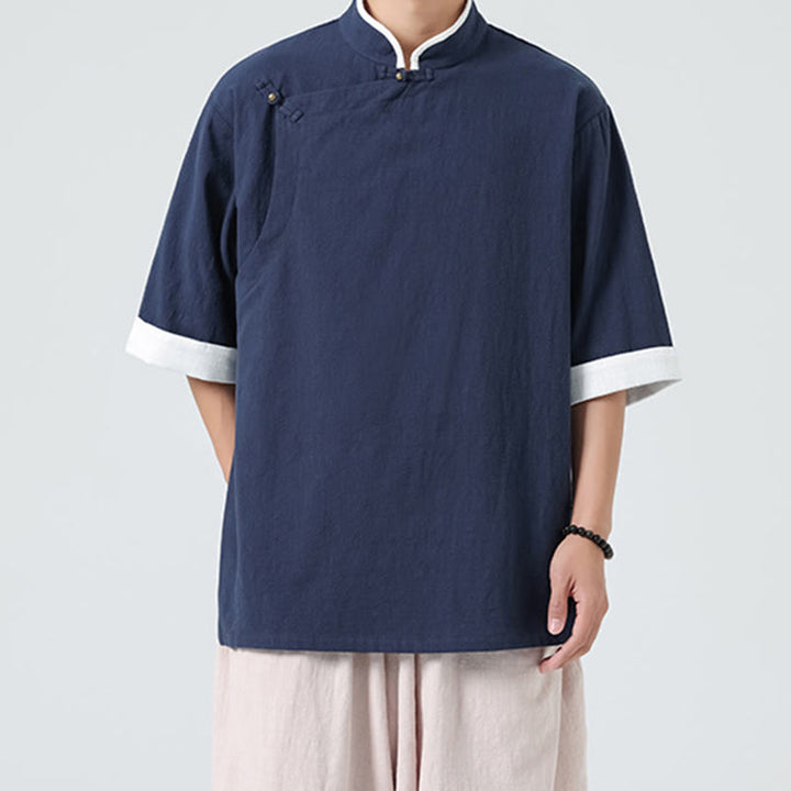 Camisa de lino y algodón de media manga para hombre, diseño vintage de primavera con cuello y tapeta inclinada, con estampado de Buddha Stones - image 2