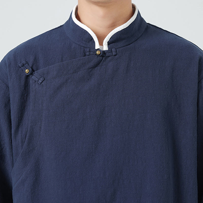 Camisa de lino y algodón de media manga para hombre, diseño vintage de primavera con cuello y tapeta inclinada, con estampado de Buddha Stones - image 10