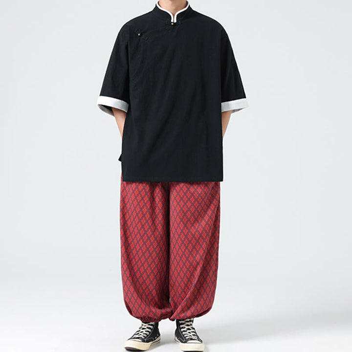 Camisa de lino y algodón de media manga para hombre, diseño vintage de primavera con cuello y tapeta inclinada, con estampado de Buddha Stones - image 22