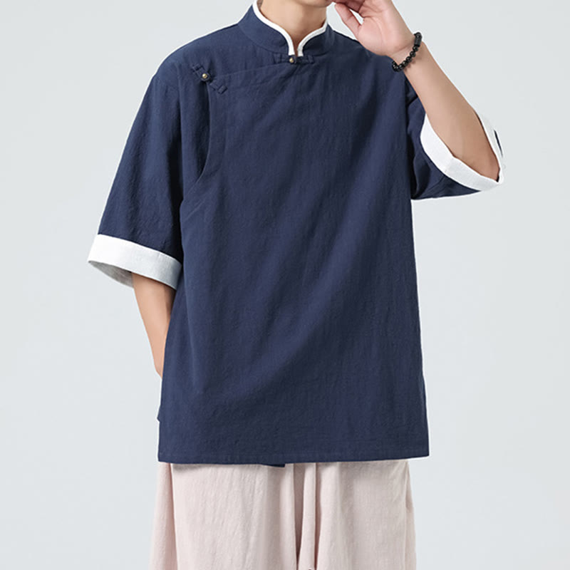 Camisa de lino y algodón de media manga para hombre, diseño vintage de primavera con cuello y tapeta inclinada, con estampado de Buddha Stones - image 3