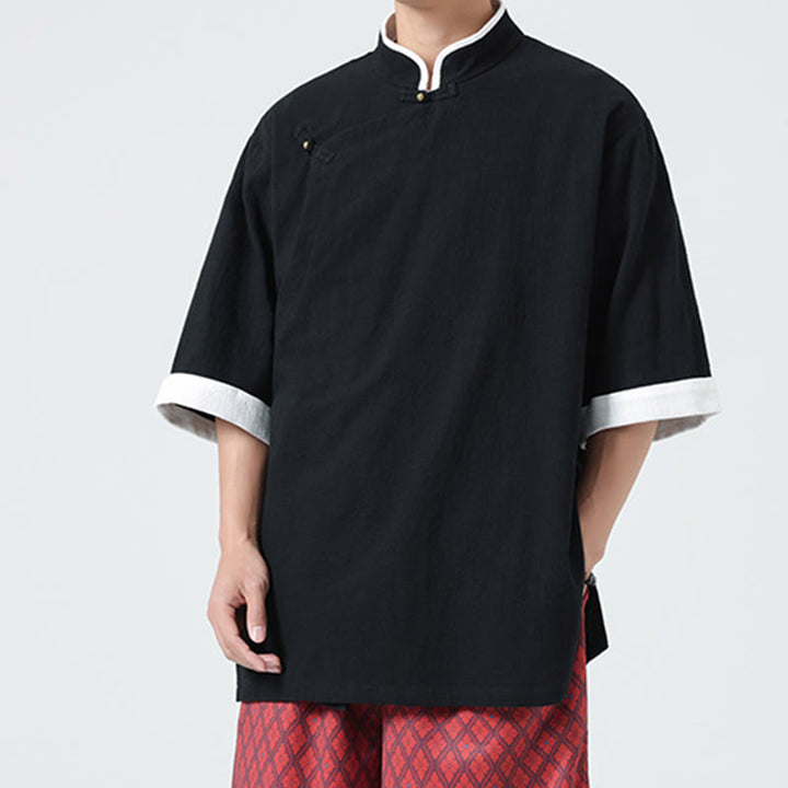 Camisa de lino y algodón de media manga para hombre, diseño vintage de primavera con cuello y tapeta inclinada, con estampado de Buddha Stones - image 18