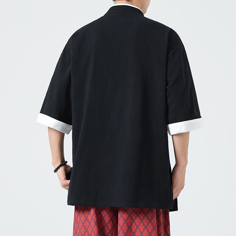 Camisa de lino y algodón de media manga para hombre, diseño vintage de primavera con cuello y tapeta inclinada, con estampado de Buddha Stones - image 19