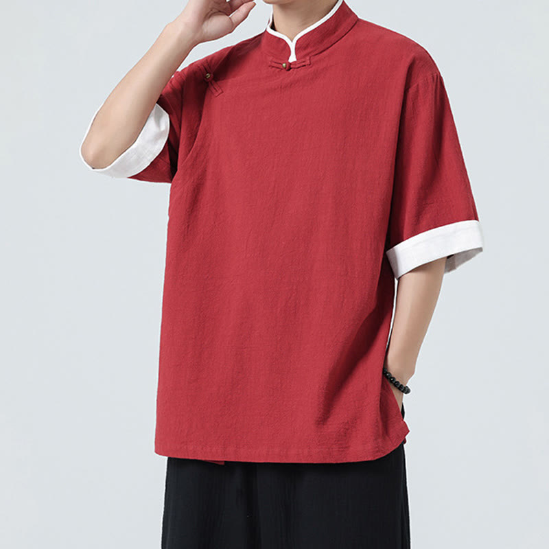 Camisa de lino y algodón de media manga para hombre, diseño vintage de primavera con cuello y tapeta inclinada, con estampado de Buddha Stones - image 25