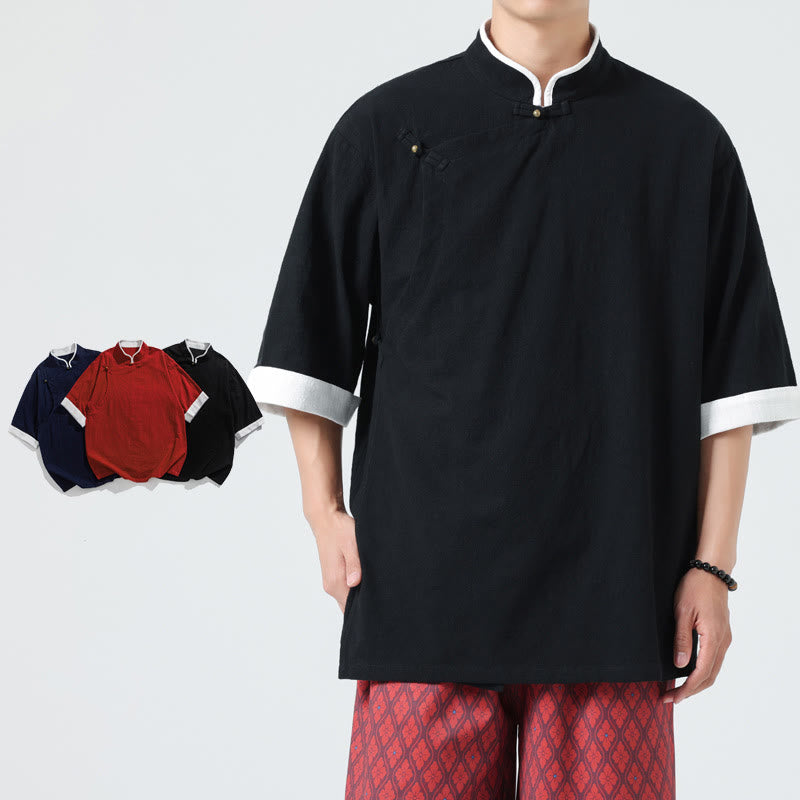 Camisa de lino y algodón de media manga para hombre, diseño vintage de primavera con cuello y tapeta inclinada, con estampado de Buddha Stones - Negro - US/UK/AU46, EU56 (5XL) - image 14