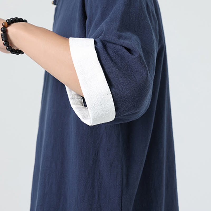 Camisa de lino y algodón de media manga para hombre, diseño vintage de primavera con cuello y tapeta inclinada, con estampado de Buddha Stones - image 12