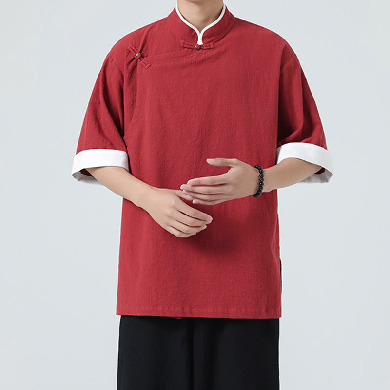 Camisa de lino y algodón de media manga para hombre, diseño vintage de primavera con cuello y tapeta inclinada, con estampado de Buddha Stones - image 29