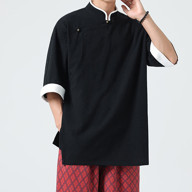 Camisa de lino y algodón de media manga para hombre, diseño vintage de primavera con cuello y tapeta inclinada, con estampado de Buddha Stones - image 21