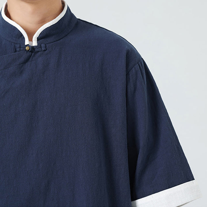 Camisa de lino y algodón de media manga para hombre, diseño vintage de primavera con cuello y tapeta inclinada, con estampado de Buddha Stones - image 11