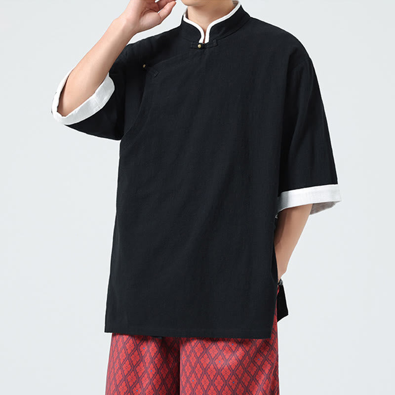 Camisa de lino y algodón de media manga para hombre, diseño vintage de primavera con cuello y tapeta inclinada, con estampado de Buddha Stones - image 20