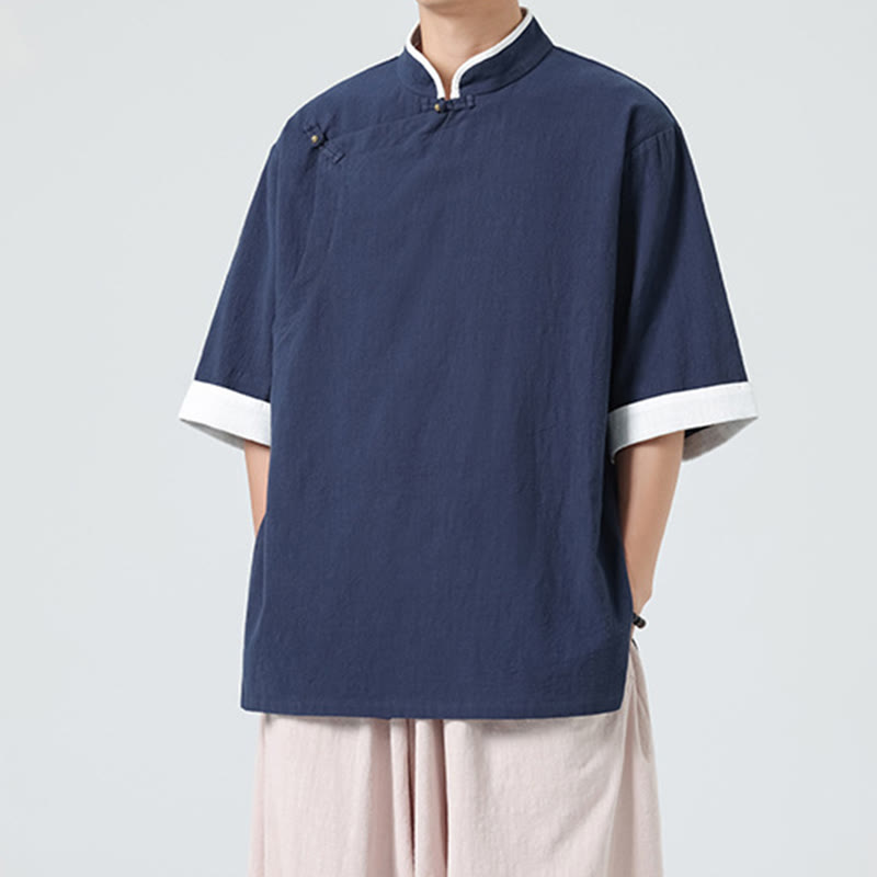 Camisa de lino y algodón de media manga para hombre, diseño vintage de primavera con cuello y tapeta inclinada, con estampado de Buddha Stones - Azul medianoche - US/UK/AU46, EU56 (5XL) - image 0