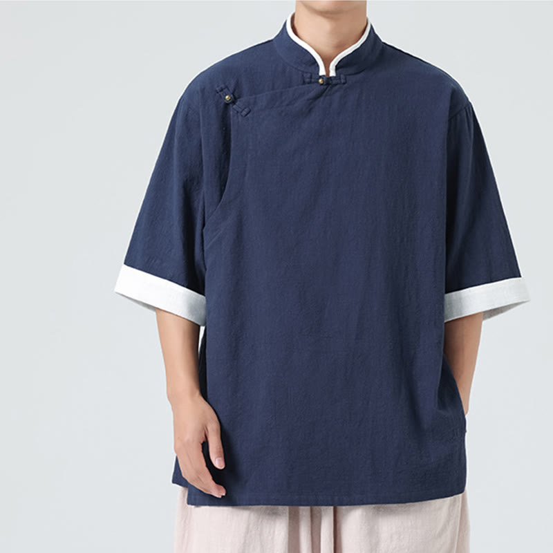 Camisa de lino y algodón de media manga para hombre, diseño vintage de primavera con cuello y tapeta inclinada, con estampado de Buddha Stones - image 6