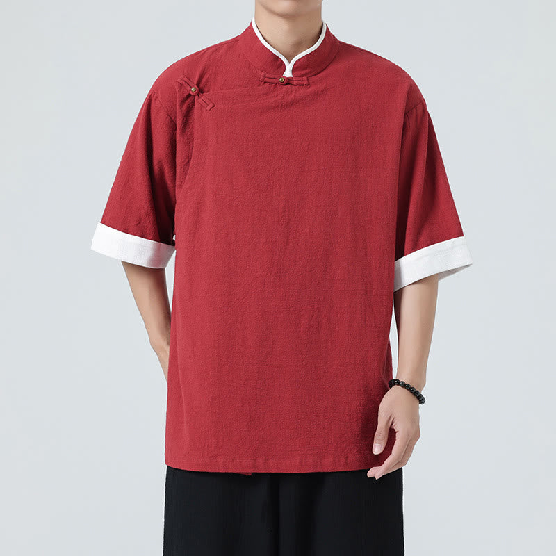 Camisa de lino y algodón de media manga para hombre, diseño vintage de primavera con cuello y tapeta inclinada, con estampado de Buddha Stones - image 30