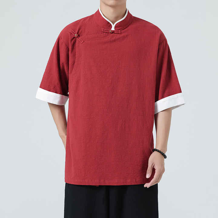 Camisa de lino y algodón de media manga para hombre, diseño vintage de primavera con cuello y tapeta inclinada, con estampado de Buddha Stones - image 30