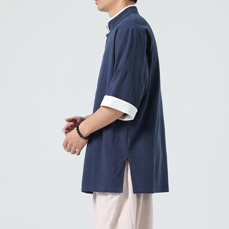 Camisa de lino y algodón de media manga para hombre, diseño vintage de primavera con cuello y tapeta inclinada, con estampado de Buddha Stones - image 5