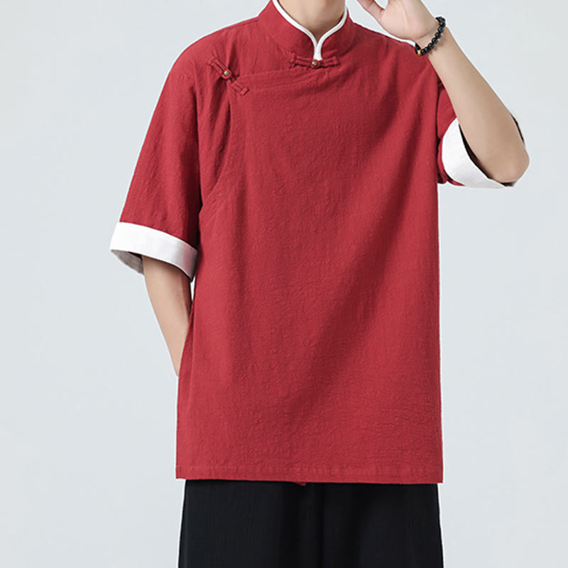 Camisa de lino y algodón de media manga para hombre, diseño vintage de primavera con cuello y tapeta inclinada, con estampado de Buddha Stones - image 26