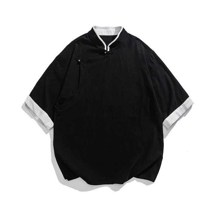 Camisa de lino y algodón de media manga para hombre, diseño vintage de primavera con cuello y tapeta inclinada, con estampado de Buddha Stones - image 23