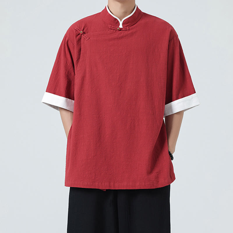 Camisa de lino y algodón de media manga para hombre, diseño vintage de primavera con cuello y tapeta inclinada, con estampado de Buddha Stones - image 27