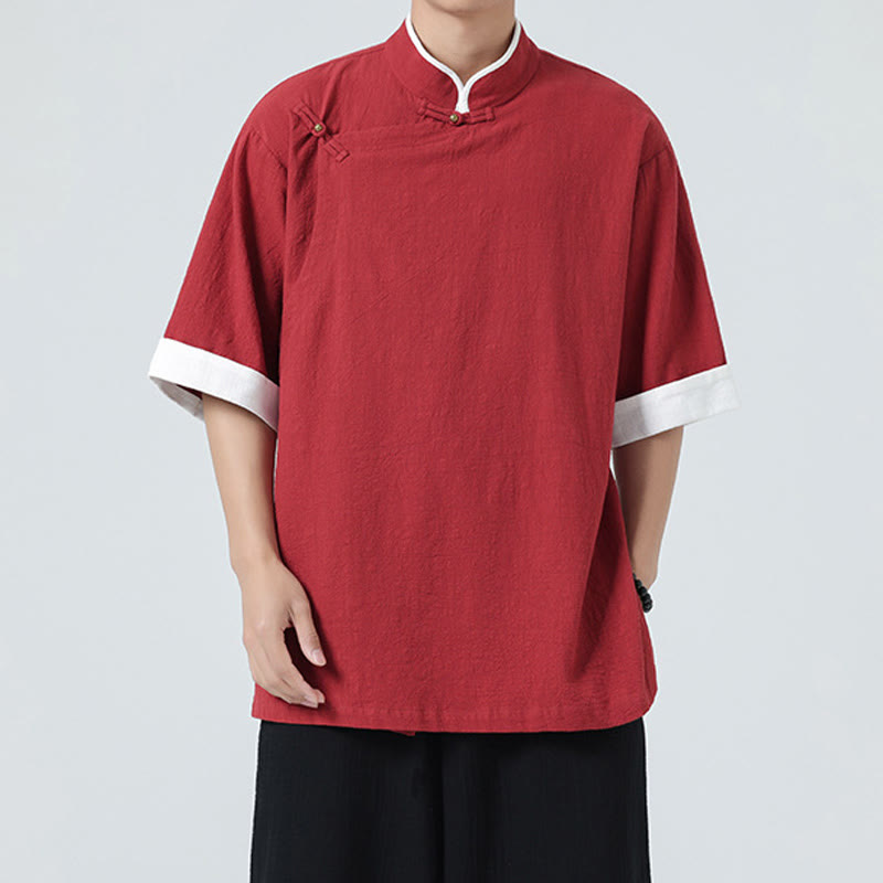 Camisa de lino y algodón de media manga para hombre, diseño vintage de primavera con cuello y tapeta inclinada, con estampado de Buddha Stones - image 28