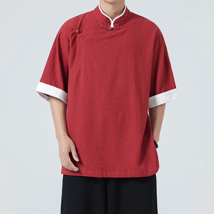 Camisa de lino y algodón de media manga para hombre, diseño vintage de primavera con cuello y tapeta inclinada, con estampado de Buddha Stones - image 28