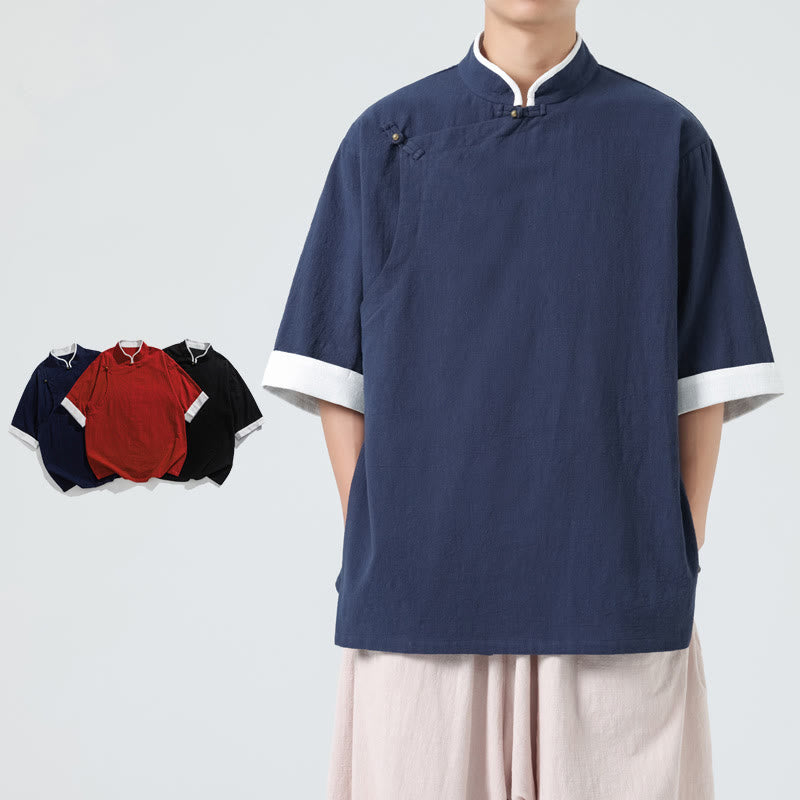 Camisa de lino y algodón de media manga para hombre, diseño vintage de primavera con cuello y tapeta inclinada, con estampado de Buddha Stones - image 7