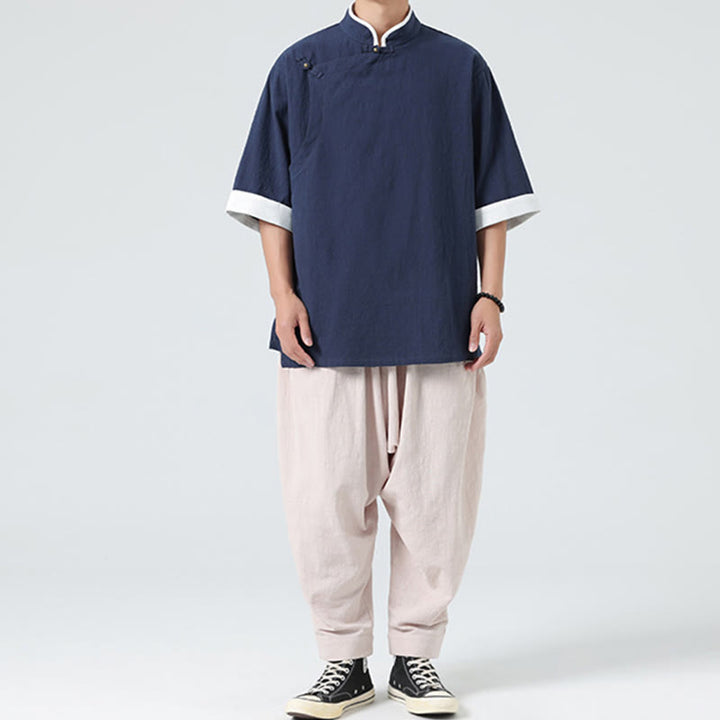 Camisa de lino y algodón de media manga para hombre, diseño vintage de primavera con cuello y tapeta inclinada, con estampado de Buddha Stones - image 9