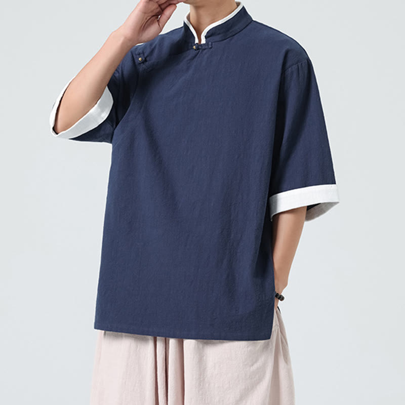 Camisa de lino y algodón de media manga para hombre, diseño vintage de primavera con cuello y tapeta inclinada, con estampado de Buddha Stones - image 4