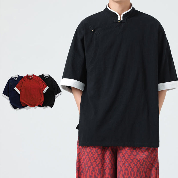 Camisa de lino y algodón de media manga para hombre, diseño vintage de primavera con cuello y tapeta inclinada, con estampado de Buddha Stones - image 15