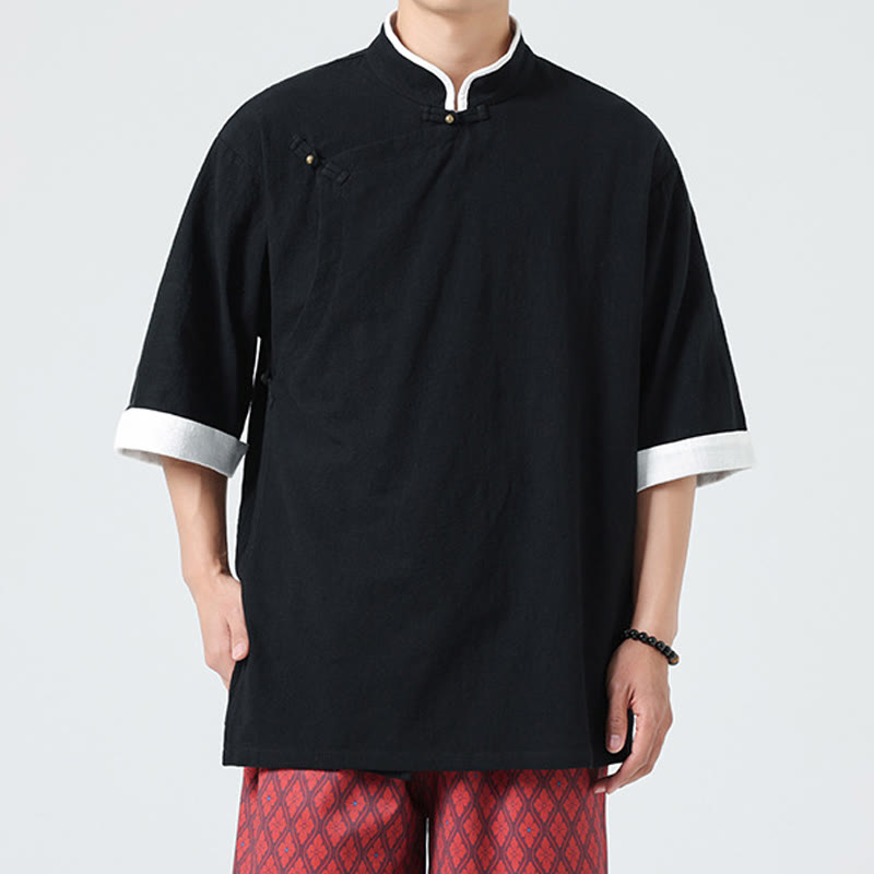 Camisa de lino y algodón de media manga para hombre, diseño vintage de primavera con cuello y tapeta inclinada, con estampado de Buddha Stones - image 17