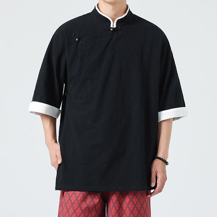 Camisa de lino y algodón de media manga para hombre, diseño vintage de primavera con cuello y tapeta inclinada, con estampado de Buddha Stones - image 17